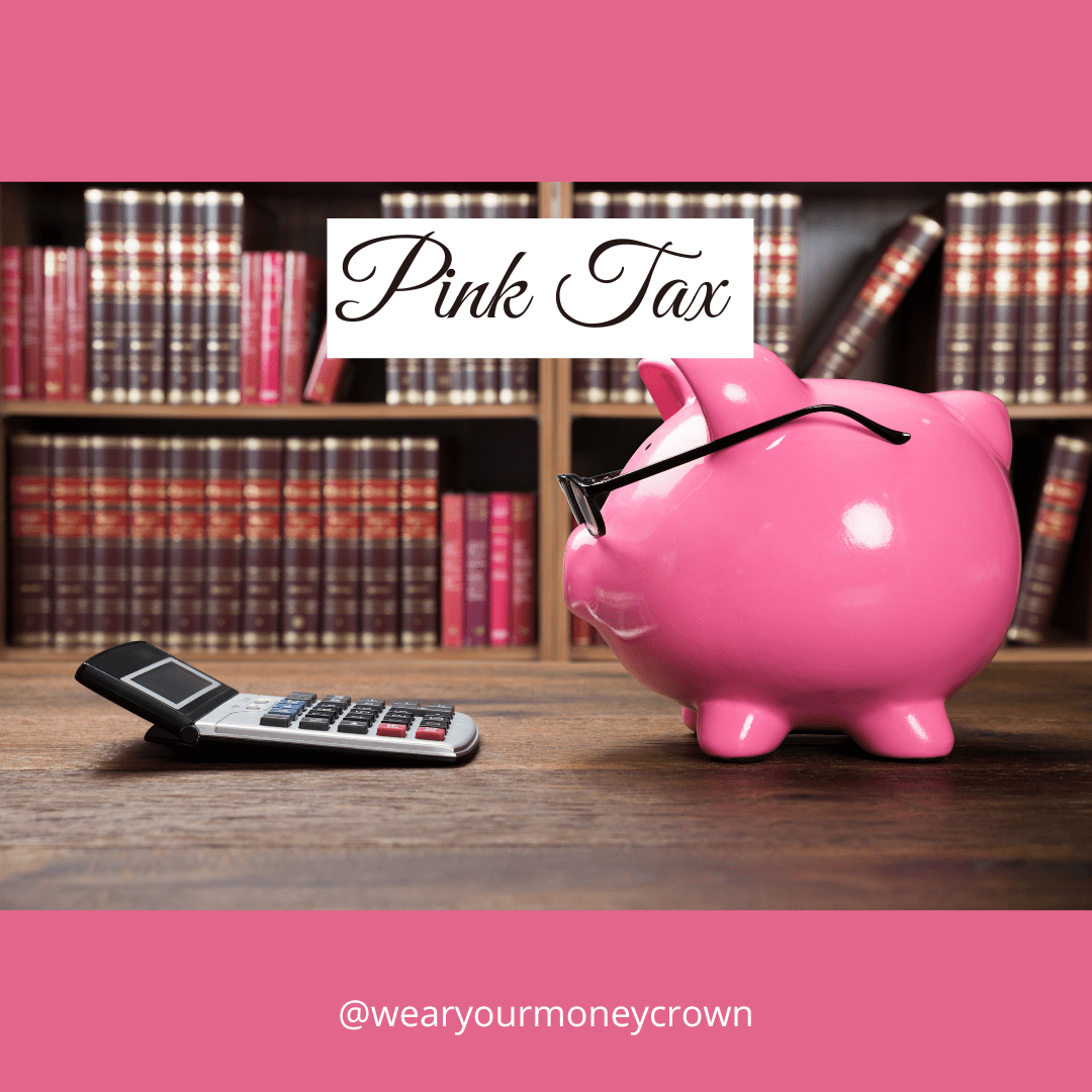 Piggy bank with glasses staring at a calculator with the words PINK TAX agove