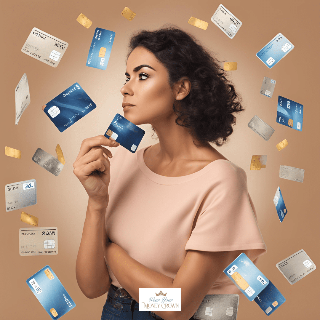 Woman thinking whilst holding a credit card and credit cards floating around her