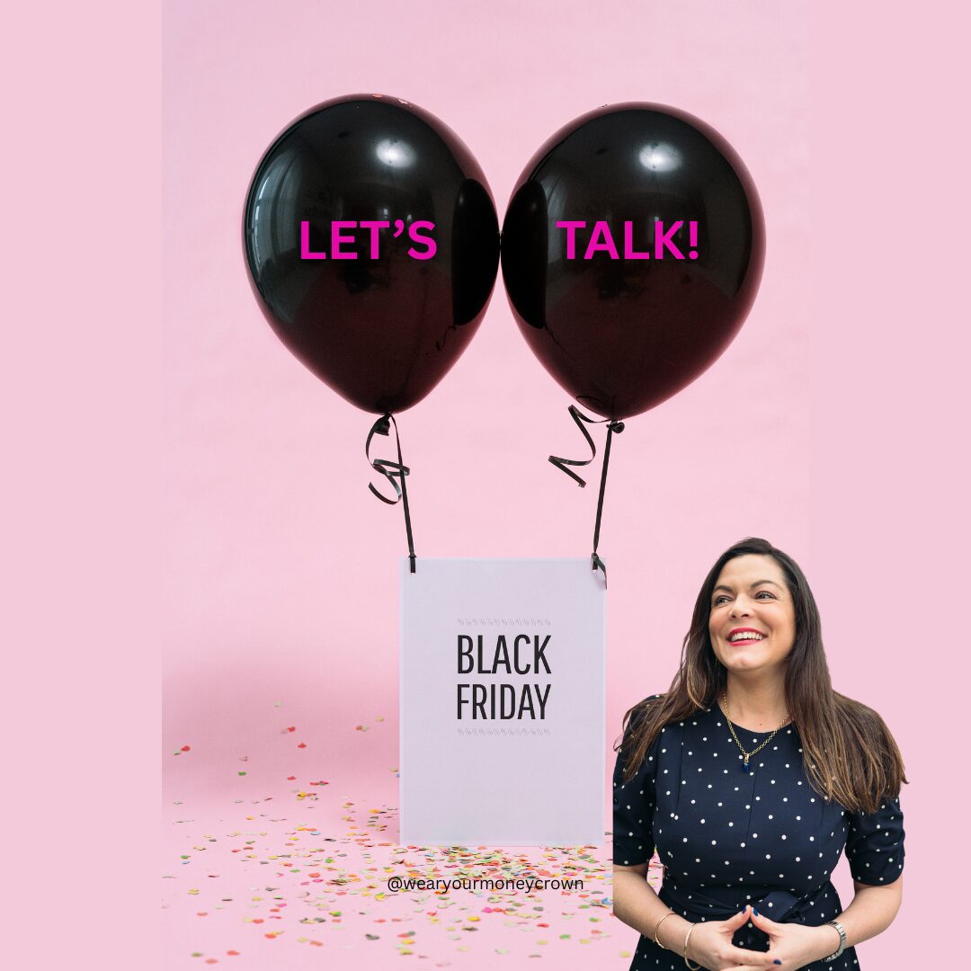 Two balloons saying "Let's Talk" holding a Black Friday sale sign