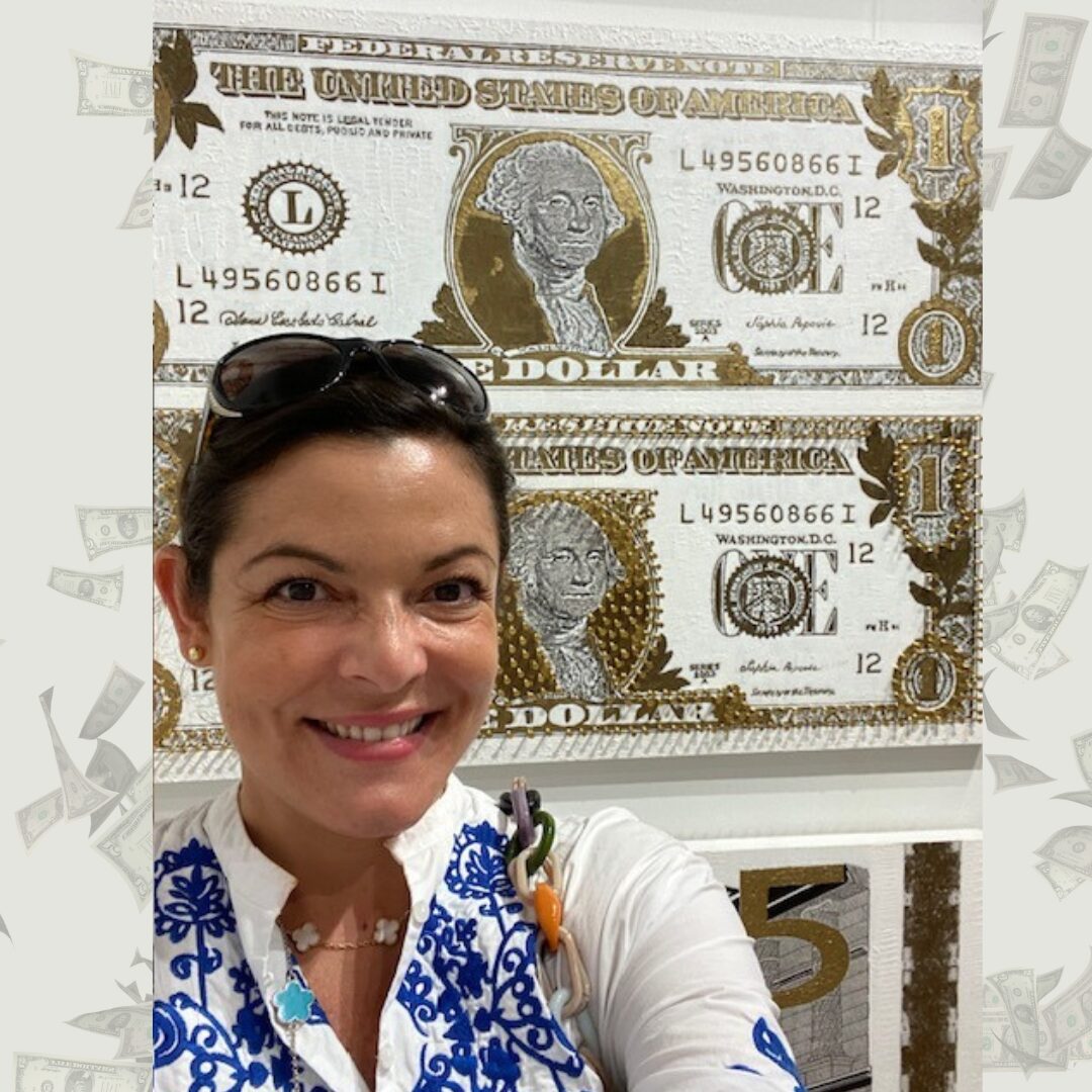 Author Anna smiling with an artwork of money in the background