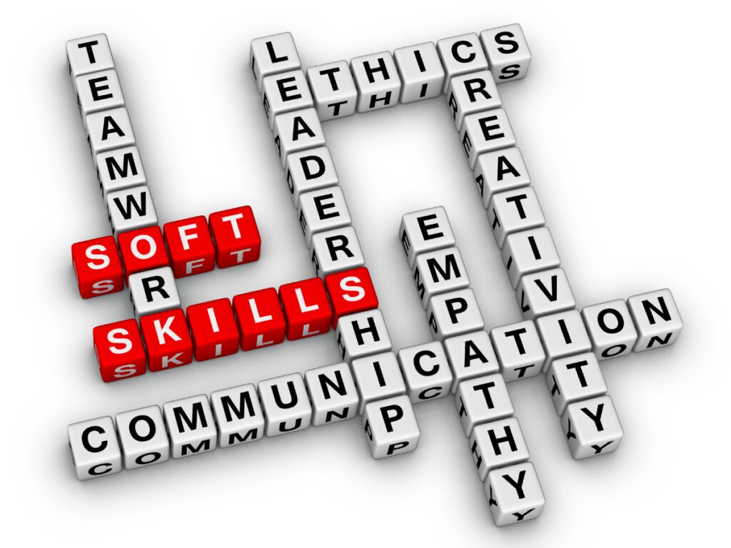 Skills such as communication, ethics, and leadership spelled out with dices