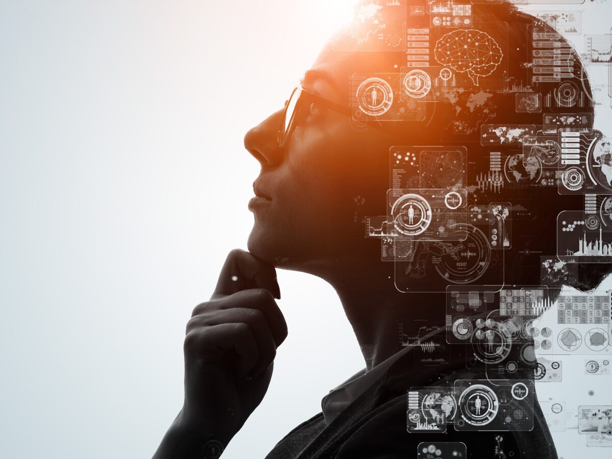 Woman thinking in the middle of an AI cloud