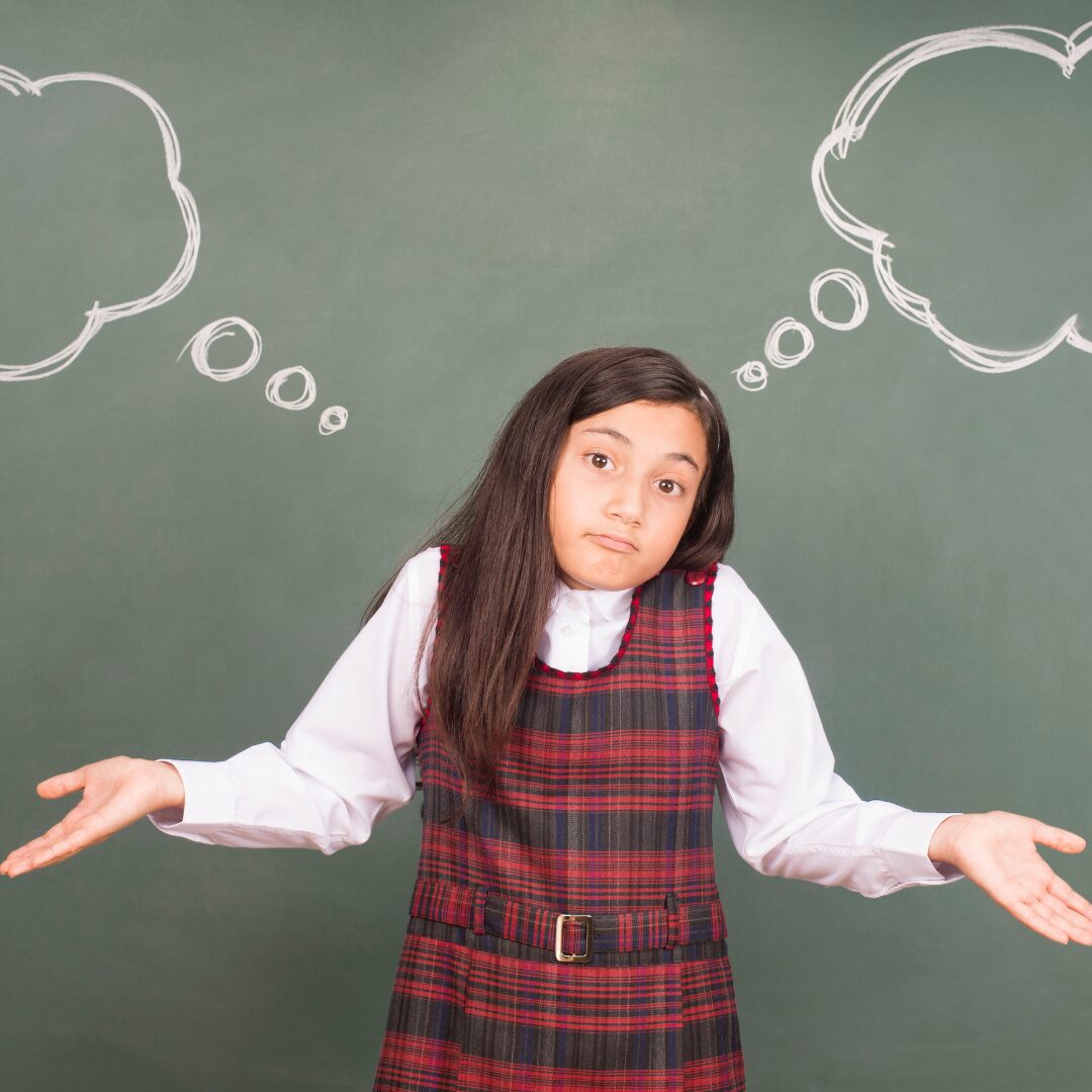 A young girl with raised hands and two speech bubbles rising from her head in a contemplative state.