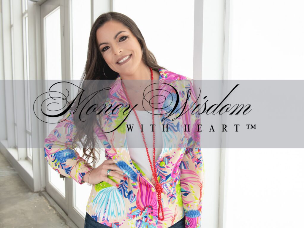 Anna Orenstein-Cardona with a banner saying Money Wisdom With Heart